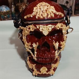 💀 Gold Armored Skull Bag | Gothic Statement Blood Red Purse with Shoulder Strap